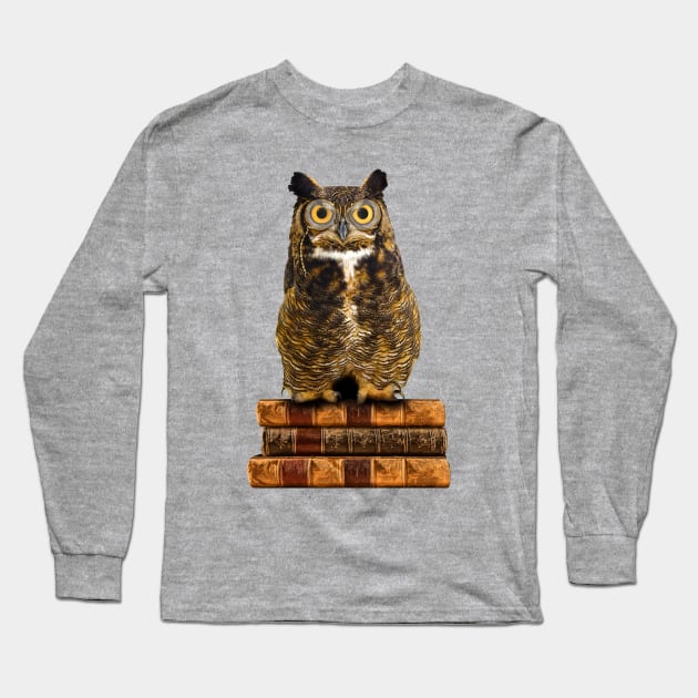 Great Horned Owl on Old Books Long Sleeve T-Shirt by SirLeeTees